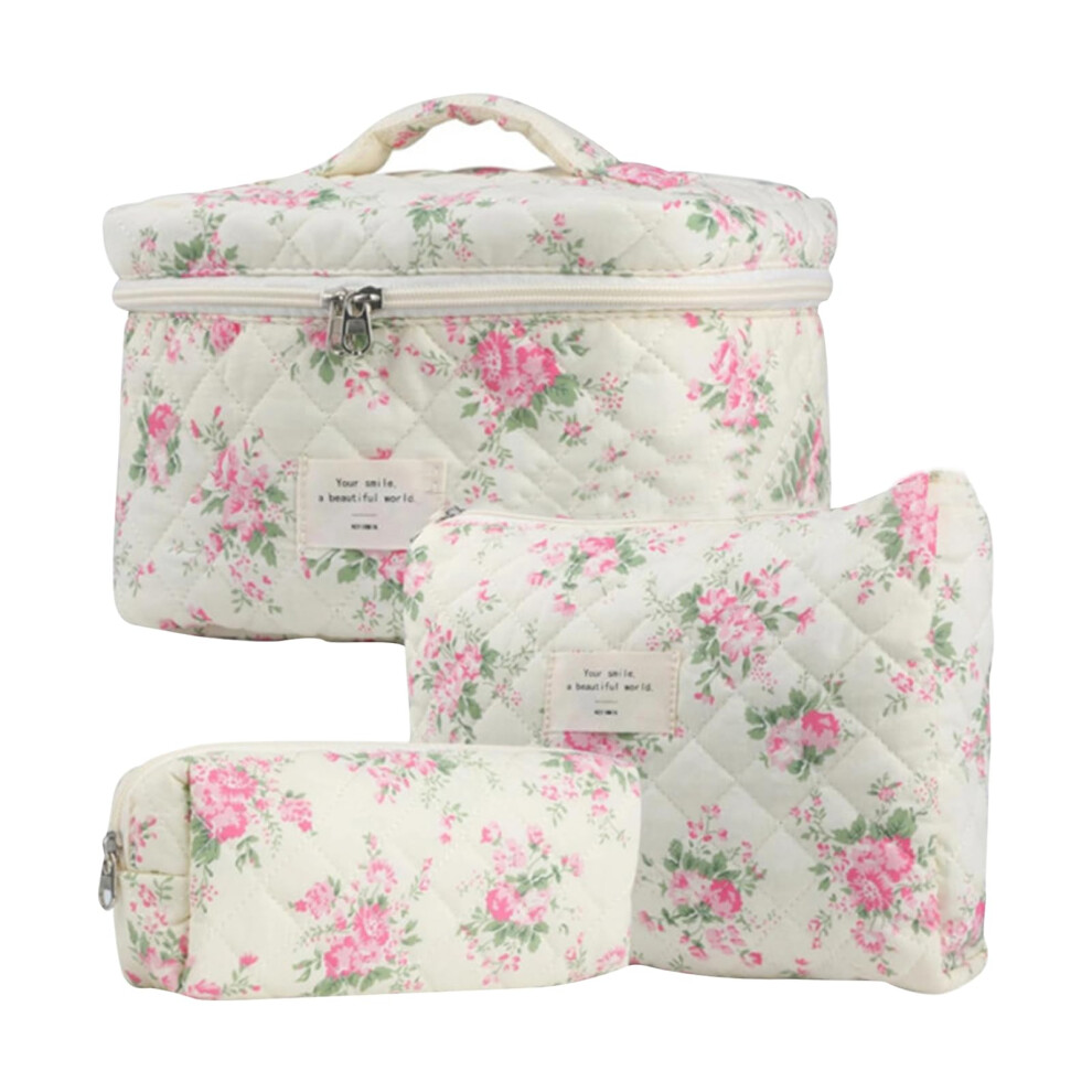 Floral Makeup Bag Set 3Piece Cotton Quilted Cosmetic Pouch For Travel Toiletry Bag Skincare Organizer Backpack