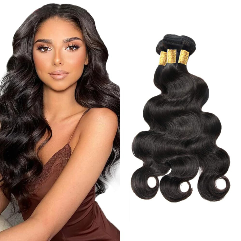 Unisex Black Brazilian Body Wave Human Hair Bundles 16 18 20 Inch 8A Remy Natural Sewin Extensions