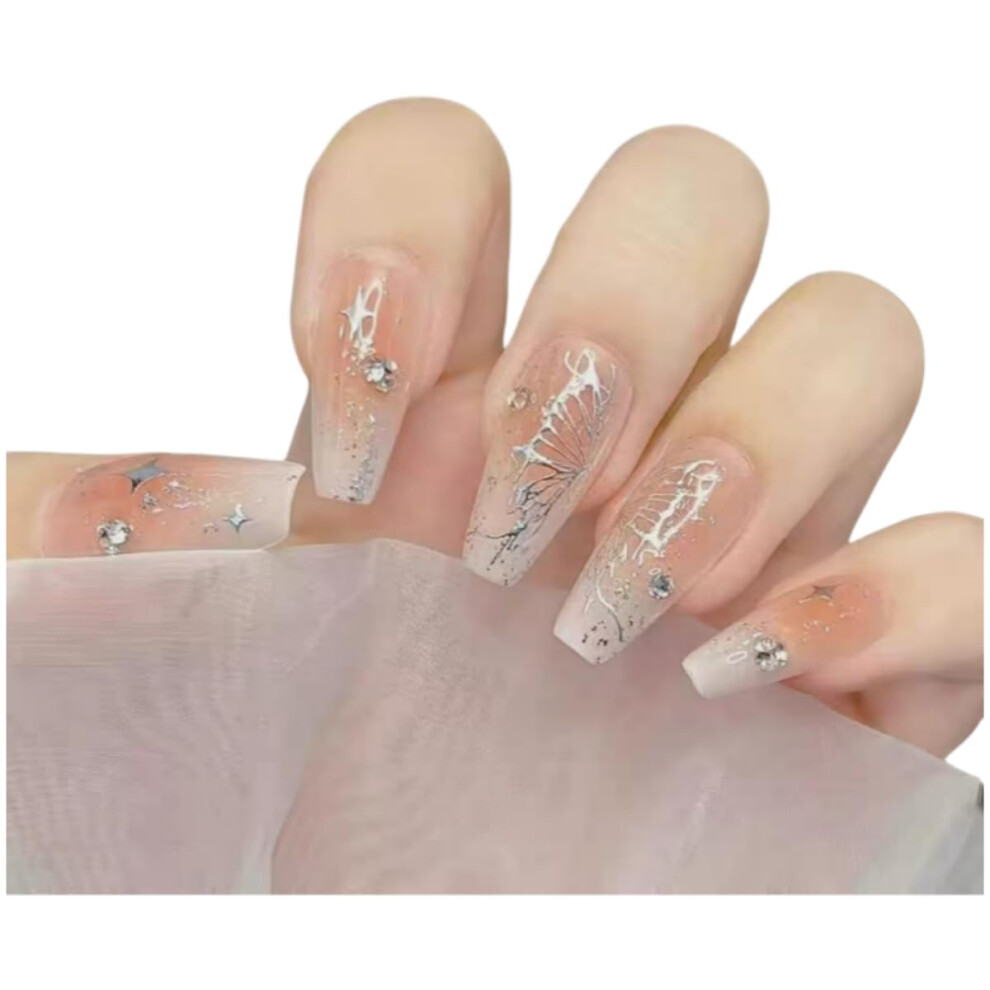 Press On Nails Medium Length French Ombre with Glitter and 3D Rhinestones Coffin Shape 24pcs
