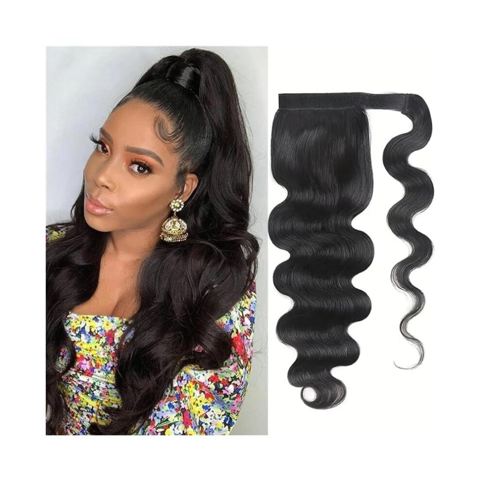 Unisex 18 Inch Brazilian Remy Human Hair Ponytail Extension, Body Wave Wrap Around #1B Color