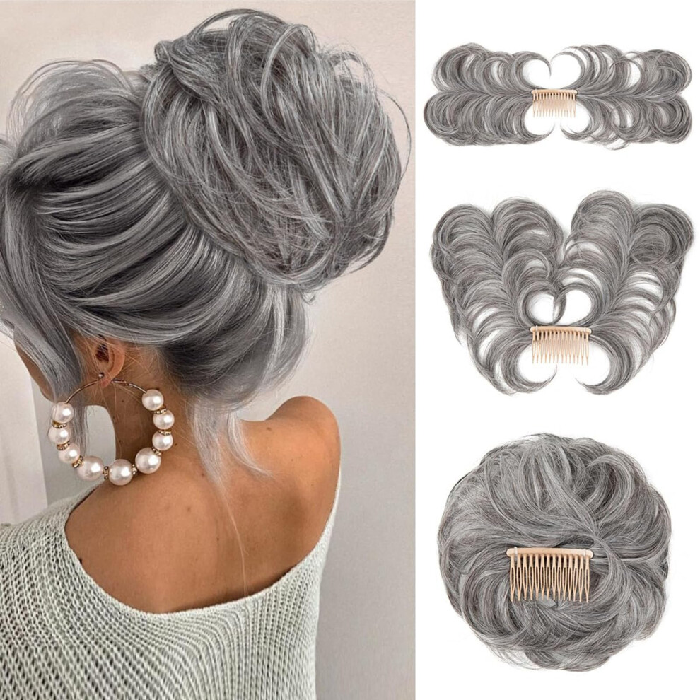 Messy Bun Hair Piece with Nonslip Side Comb Clip, Synthetic Curly Wavy Hair Bun Extension Silver Grey