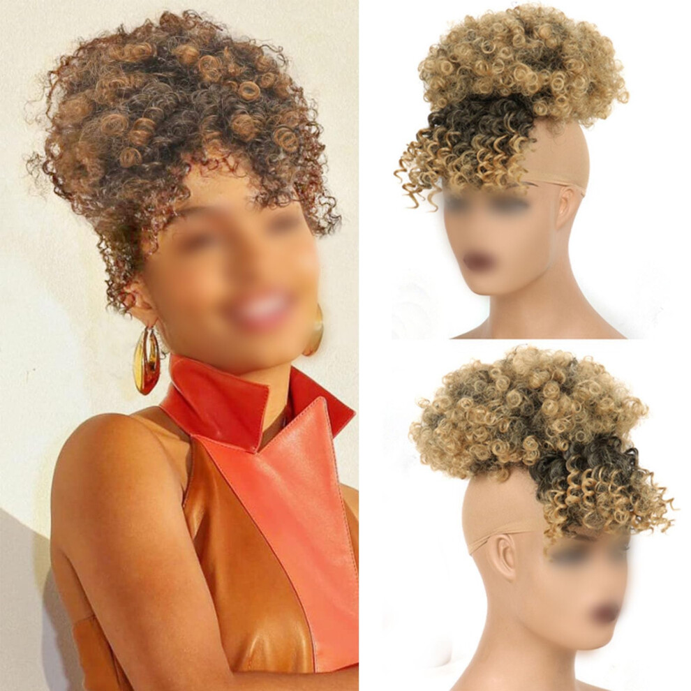 Unisex Brown Curly Ponytail Extension Short Kinky Afro Puff Bun With Bangs Synthetic Drawstring Light