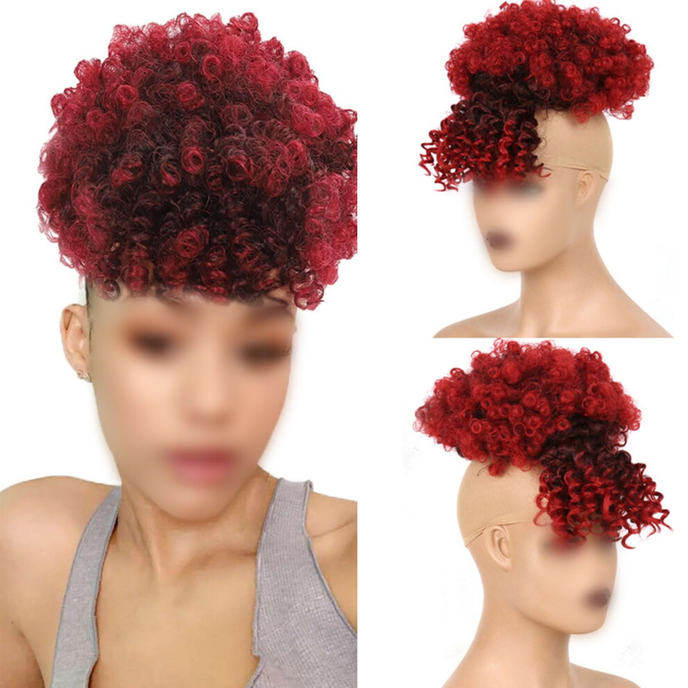 Unisex Red Curly Drawstring Ponytail Extension With Bangs Short Afro Kinky Style Synthetic Hairpiece