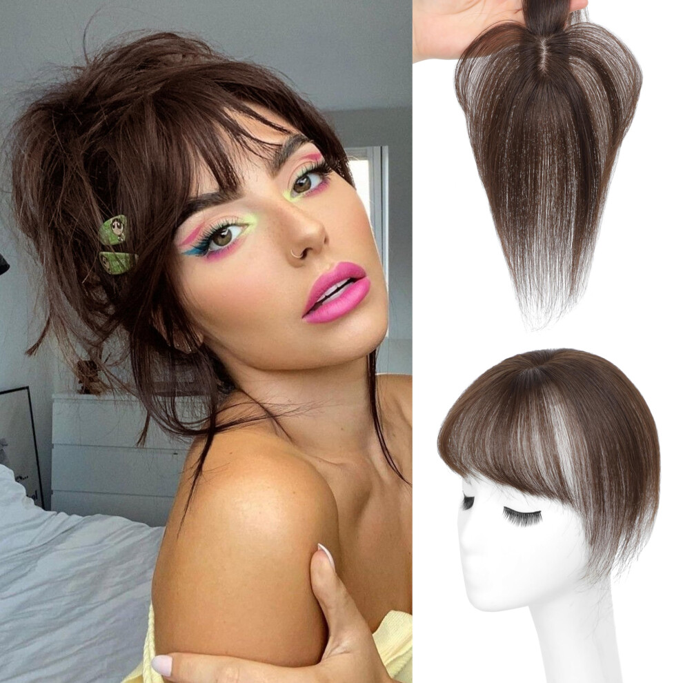 Unisex Black Human Hair Topper With Bangs For Thinning Hair, Silk Base Clip In Bangs, 4X6 Jet
