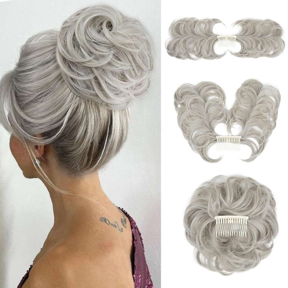 Messy Bun Hair Piece with Comb Fluffy Wavy Curly Synthetic Hair Bun Extension Silver Grey