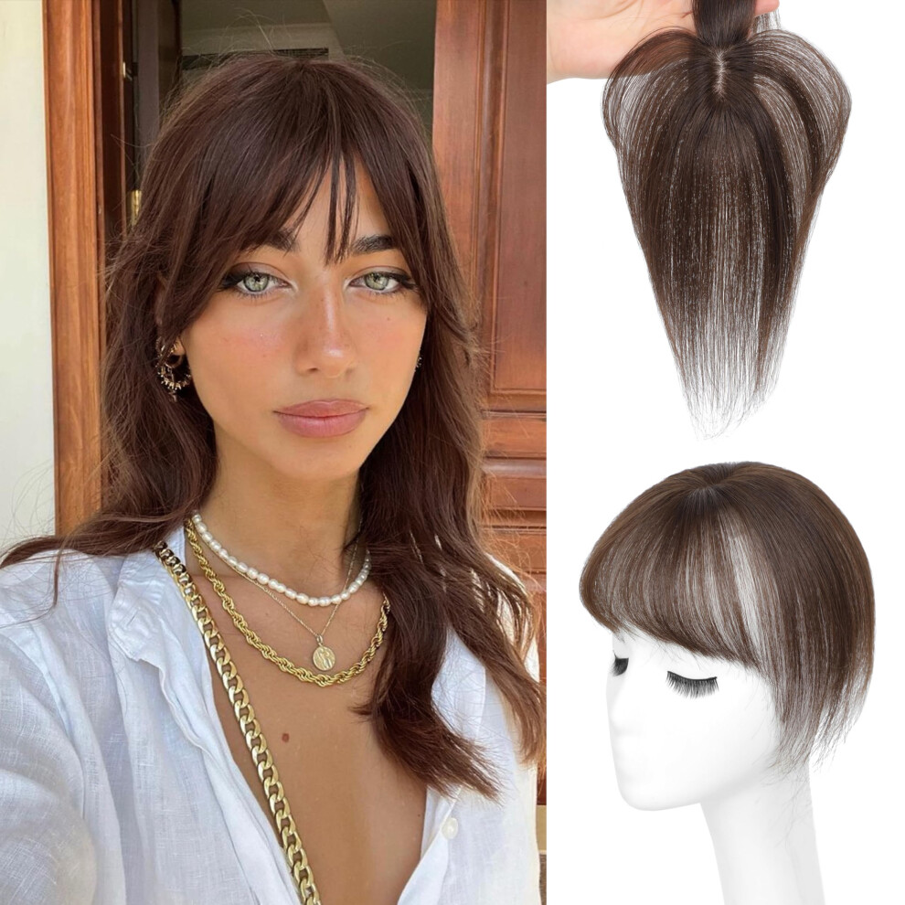 Unisex Human Hair Topper With Bangs For Thinning Hair, 360 Coverage Silk Base Clipin, 4X6 Licorice