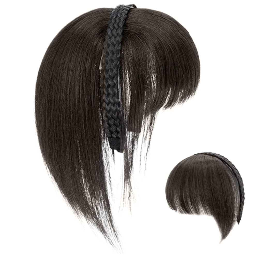 Unisex Brown Braided Headband Wig Dark With Bangs, Twist Braid Style, Synthetic Hair For Women