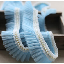 Beaded Lace Fabric Ribbon 1 Meter Length 6cm Wide Embroidered Mesh Ruffle Trim Light Blue