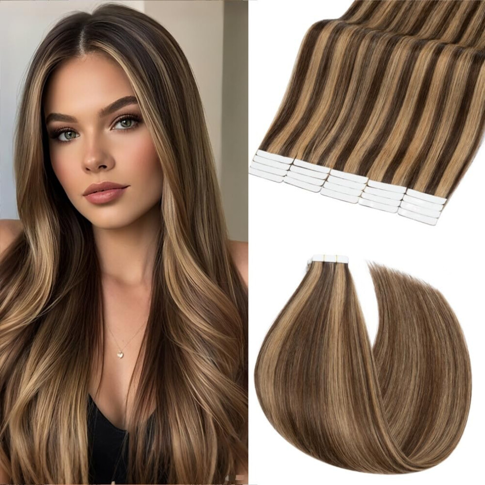 Unisex Brown 20 Inch Tape In Remy Human Hair Extensions Medium Dark Blond Highlights Seamless 40Pcs 80G