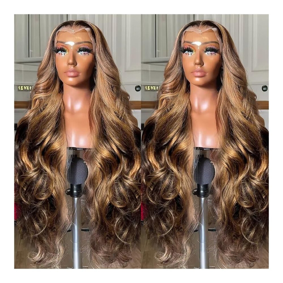 Unisex 28 Inch Highlight Ombre Body Wave Brazilian Human Hair Lace Front Wig 13X6 Natural Hairline