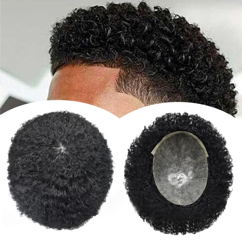 Unisex Black Afro Toupee For Men Human Hair 8Mm Curl Pu Skin Base Jet Natural Wave Hairpiece