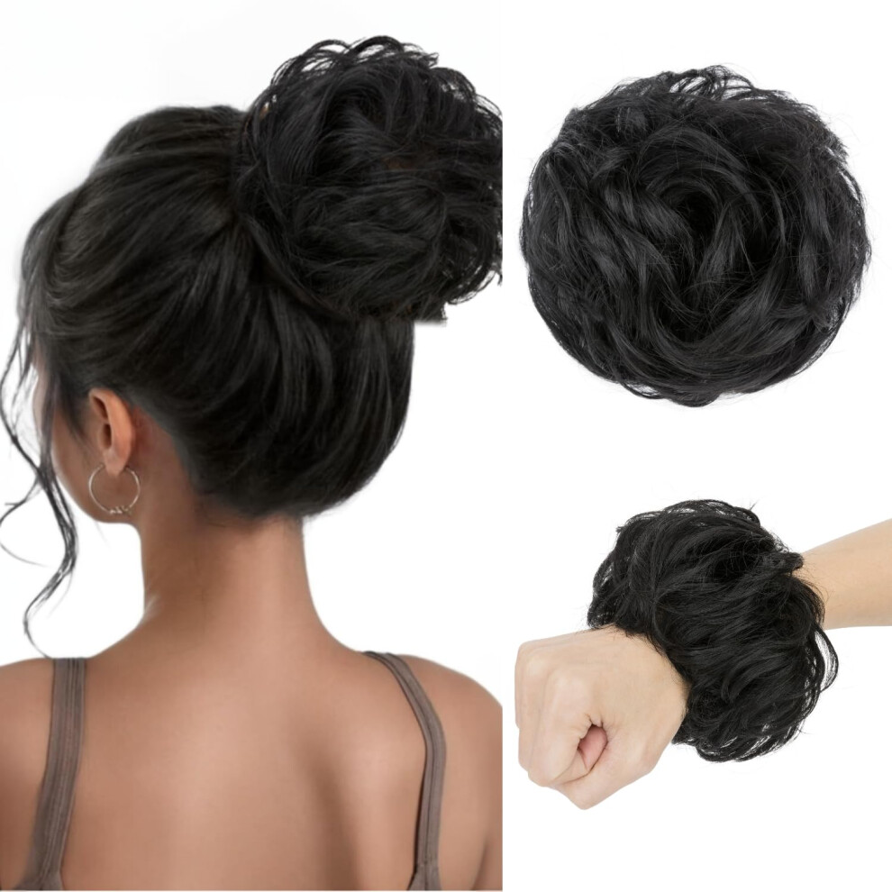 Human Hair Bun Extension, 100% Real Dark Black Wavy Curly Messy Hair Piece for Women, 25g