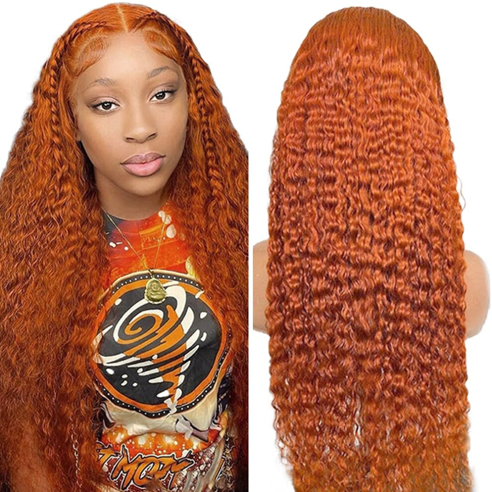 18 Inch Ginger Orange Deep Wave Lace Front Wig, 4x4 Closure Brazilian Virgin Human Hair, 150% Density, Natural Preplucked Hairline