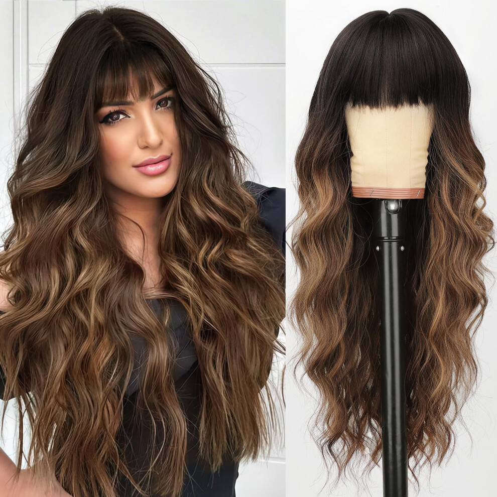 Long Wavy Wig with Bangs Ombre Brown Blonde Highlights Synthetic Hair for Women Daily Party Wear