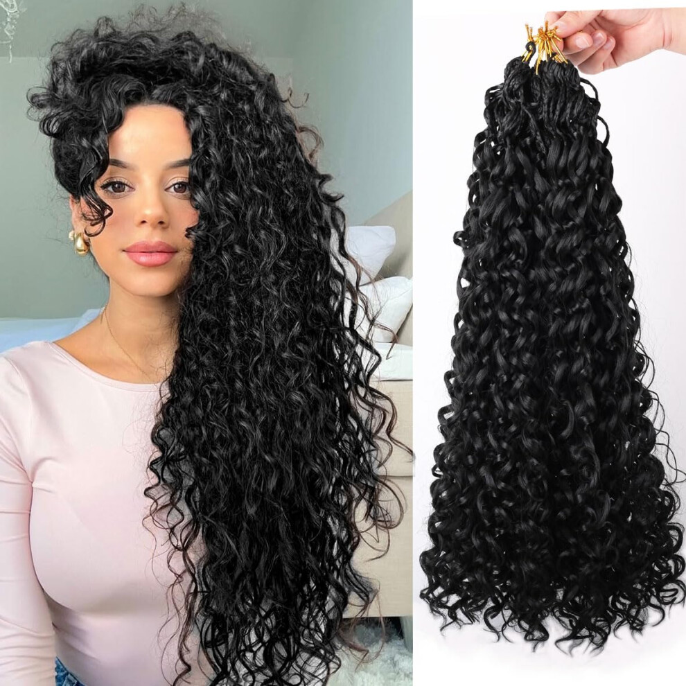 Unisex 18 Inch Prelooped Crochet Hair Water Wave Synthetic Curly Braids For Women, 8 Packs 1B Color