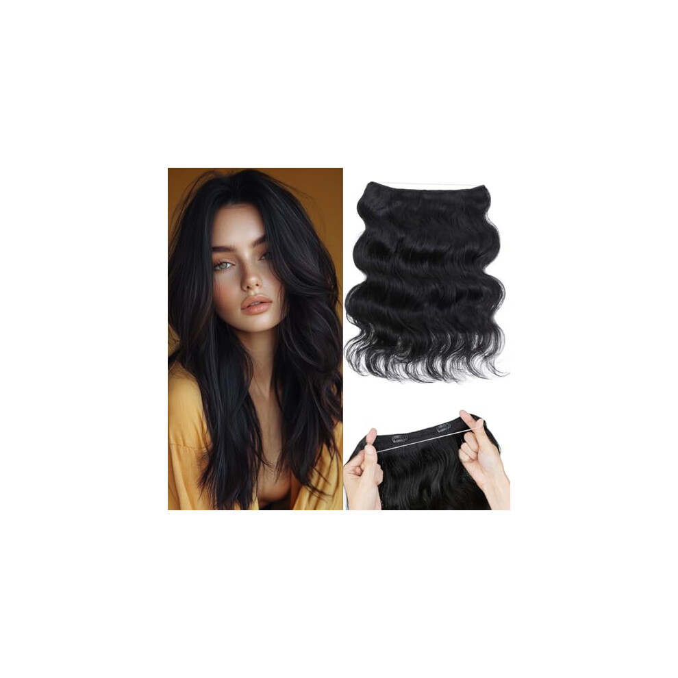 Unisex Black 100% Human Hair Halo Extensions Wavy Remy Invisible Wire 11 Inch Jet For Instant Volume