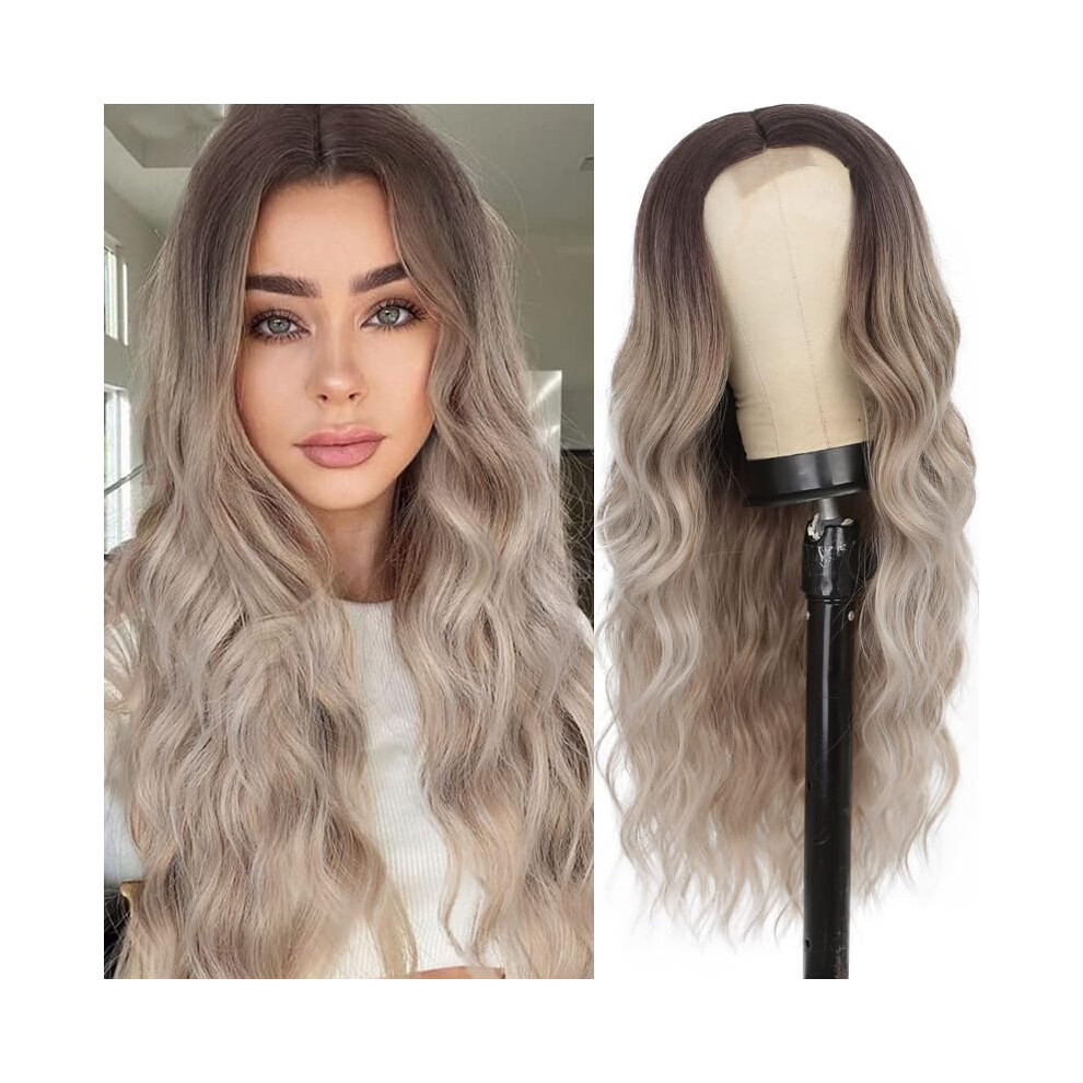 Unisex 26 Inch Ombre Ash Blonde Human Hair Wavy Wig With Middle Part Heat Resistant For Daily Wear