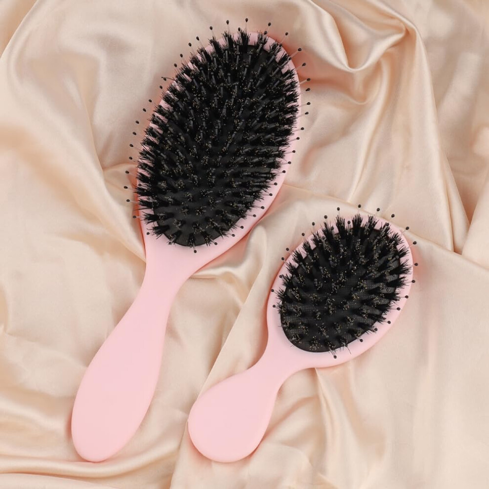 Pink Boar Bristle Hair Brush Paddle Style For Women With Nylon Bristles Adds Shine And Gentle Detangling Set