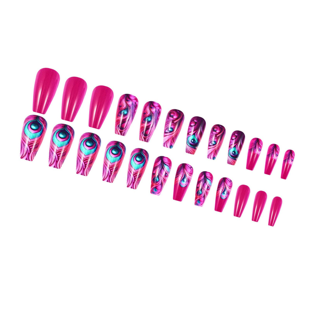 24 Pcs Hot Pink Long Coffin Press On Nails with Glossy Feather Design for Instant Salon Look