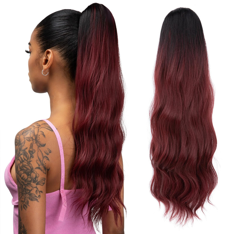 Unisex Red Long Wavy Drawstring Ponytail Hair Extension Ombre Synthetic Hairpiece For Instant Volume
