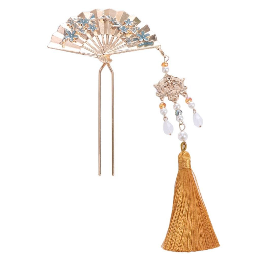 Mint Green Chinese Hairpin with Fan Shape and Pearl Tassel, Elegant Traditional Hair Stick for Bridal Styling