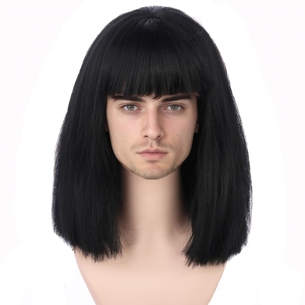 Unisex Black Bob Wig With Bangs Heat Resistant Synthetic Short Wig For Halloween Cosplay Party