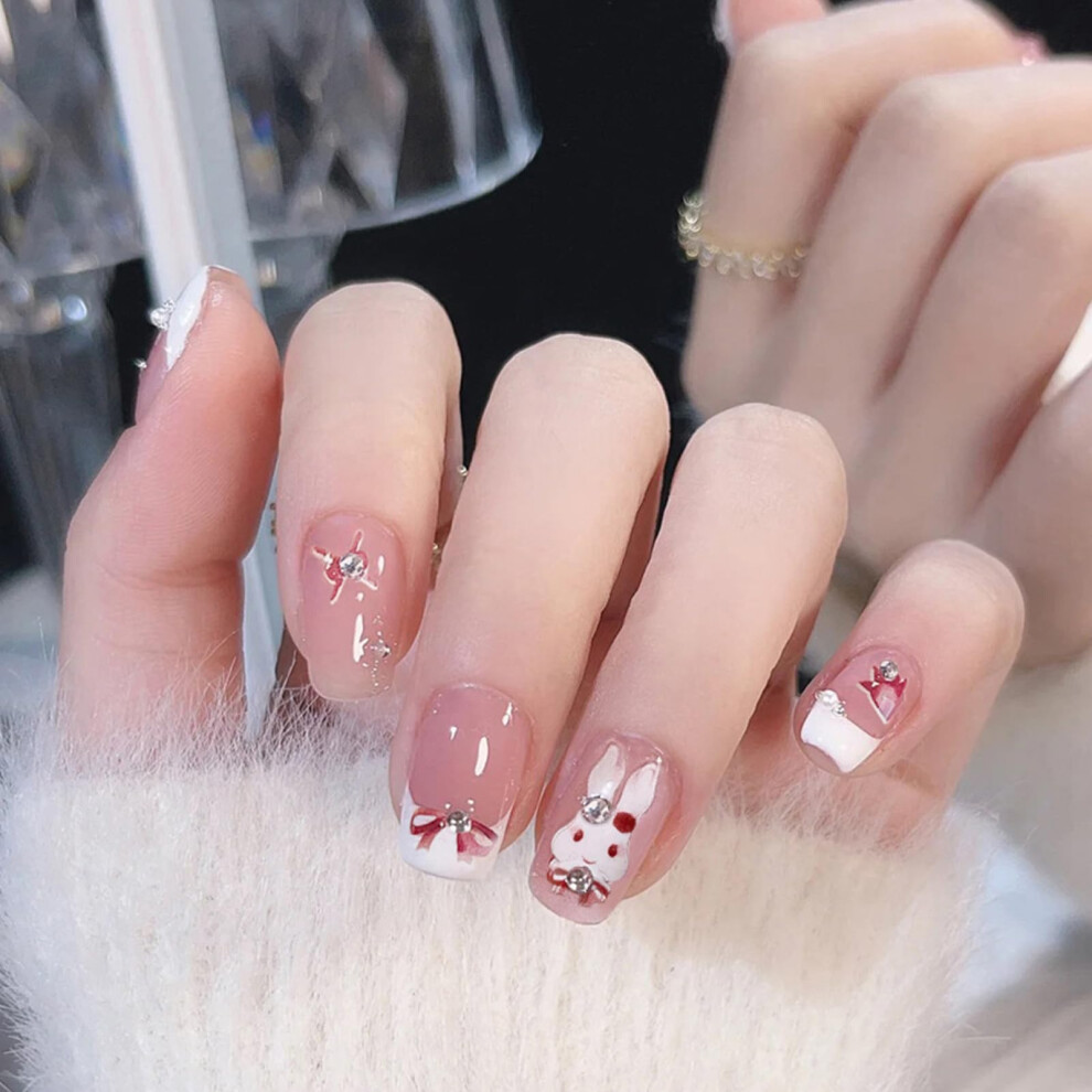 Easter Press On Nails with Bunny Design, Short Coffin Fake Nails with Rhinestones, Complete Nail Kit