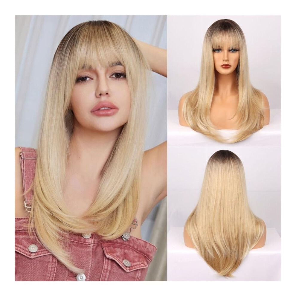 Straight Wig with Bangs Synthetic Long Hair Natural Look Lightweight Tangle Resistant for Women