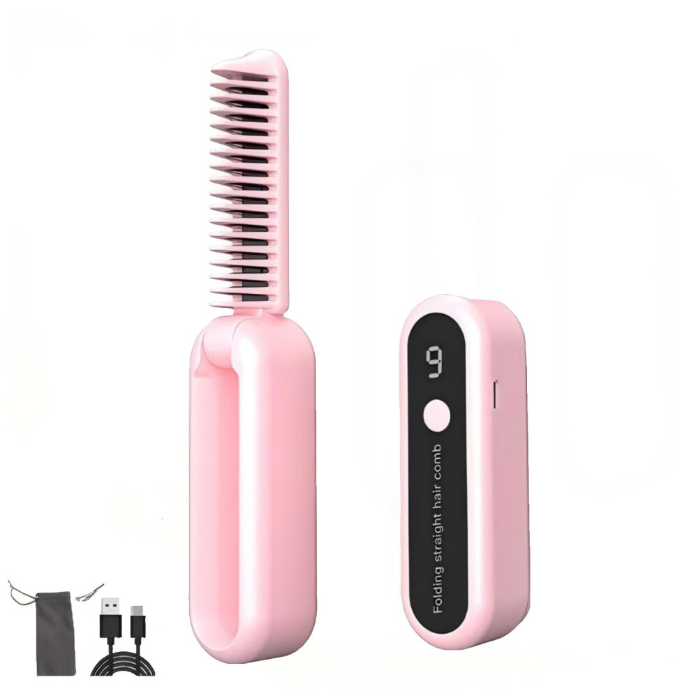 Pink Cordless Hair Straightener Brush With Fast 30S Heating, Usbc Rechargeable, 9 Temp Settings,