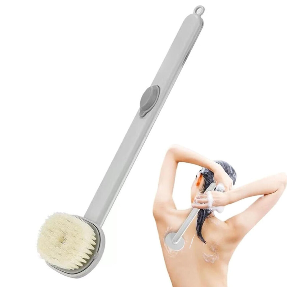 Gray Long Handle Bath Brush With Soap Dispenser, Exfoliating Back Scrubber For Shower
