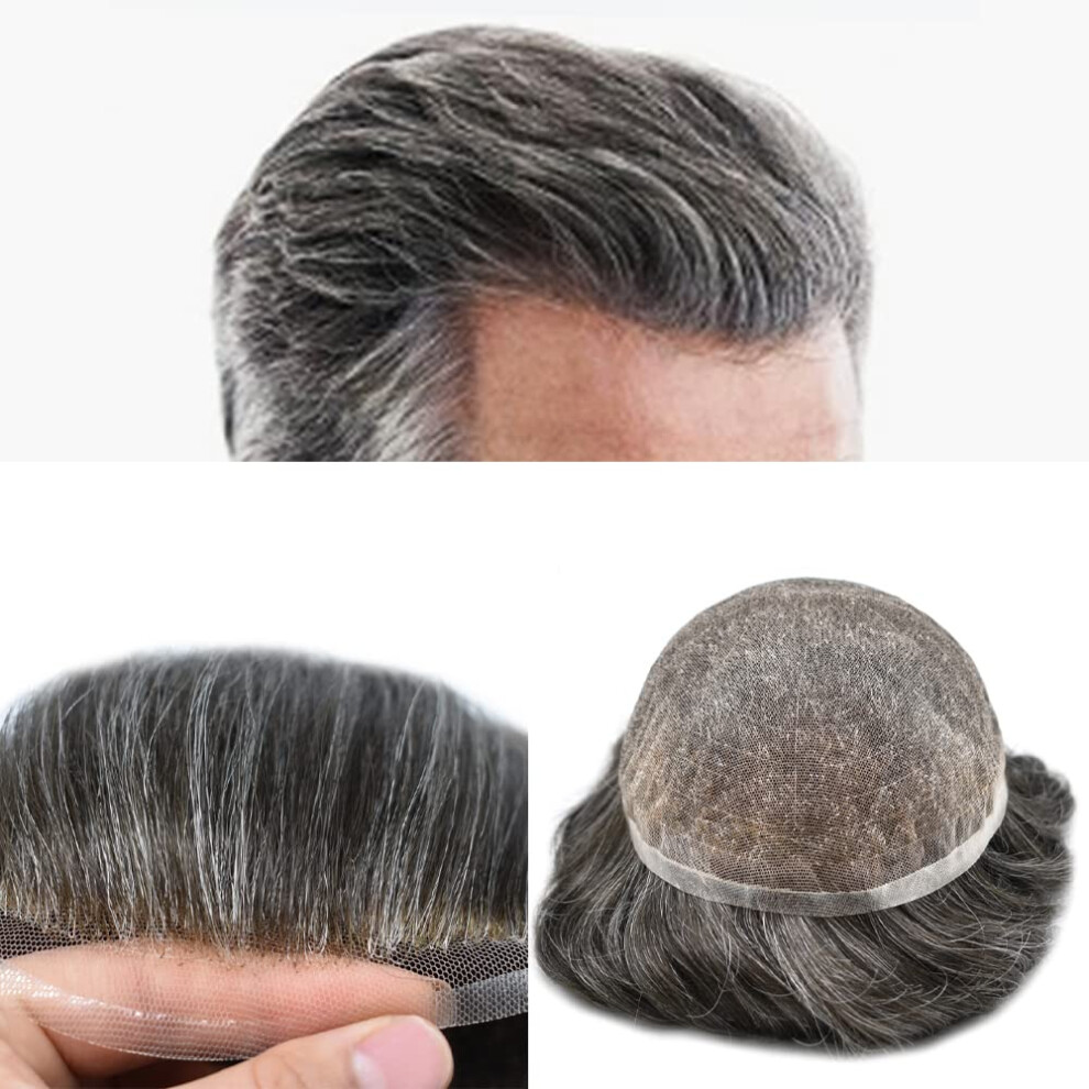 Unisex Brown Men's Hairpiece Toupee For Men French Lace Remy Human Hair 8X10 Dark With Gray