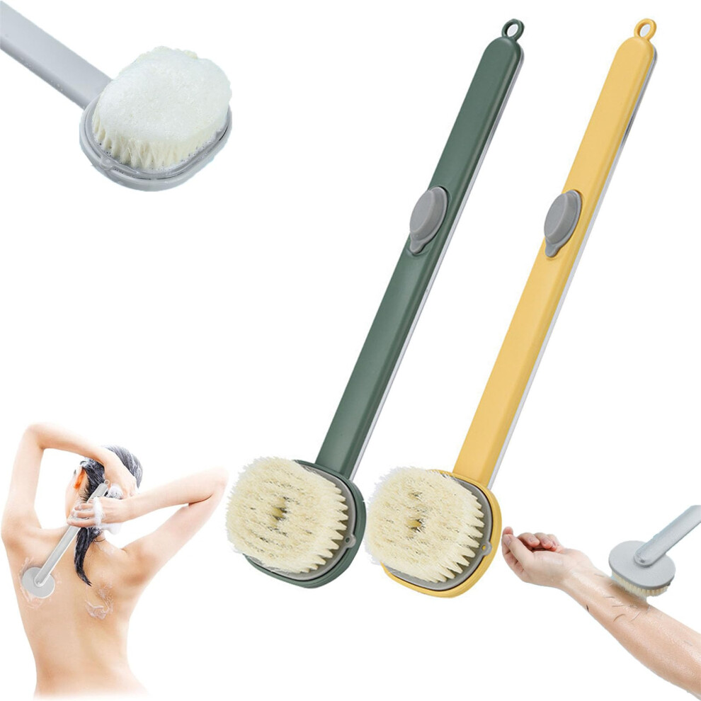 Long Handle Bath Brush with Builtin Soap Dispenser, Back Massage Shower Scrub Brush Green Yellow