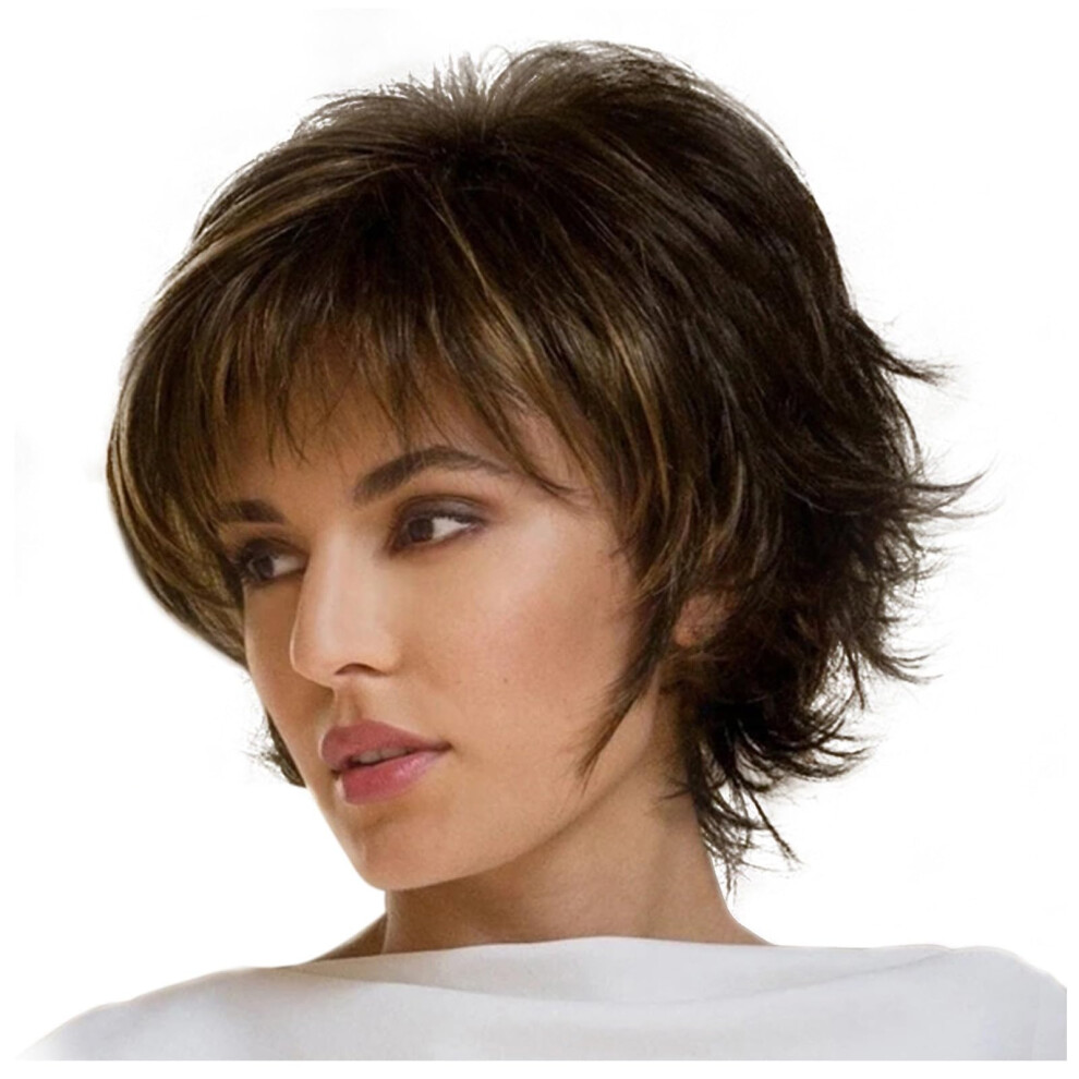 Unisex Brown Short Pixie Wig For Women Dark Synthetic Hair With Bangs, Glueless And Breathable Cap