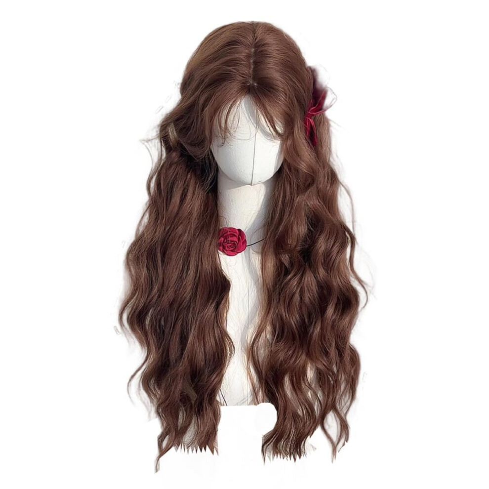 Unisex Brown Wavy Wig With Bangs For Women, Long Heatresistant Synthetic Hair, Adjustable Fit