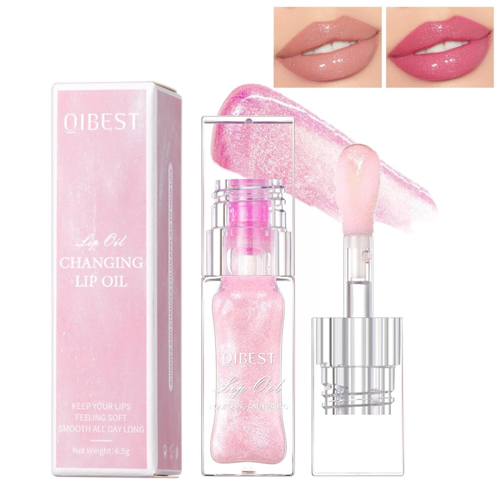Color Changing Lip Oil with Glitter, Moisturizing NonSticky pH Reacting Lip Gloss, Large Brush