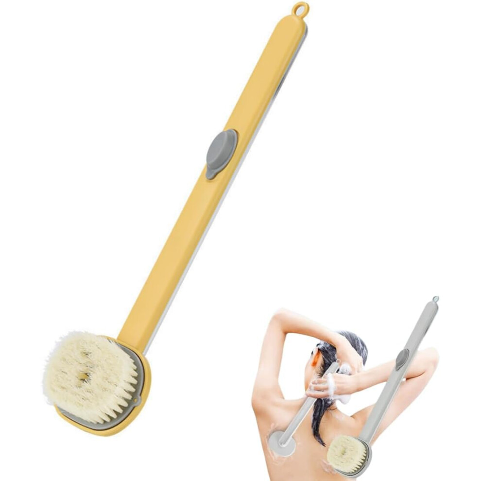 Back Scrubber for Shower with Soft PBT Bristles and Soap Dispenser, Long Handle Yellow Bath Brush