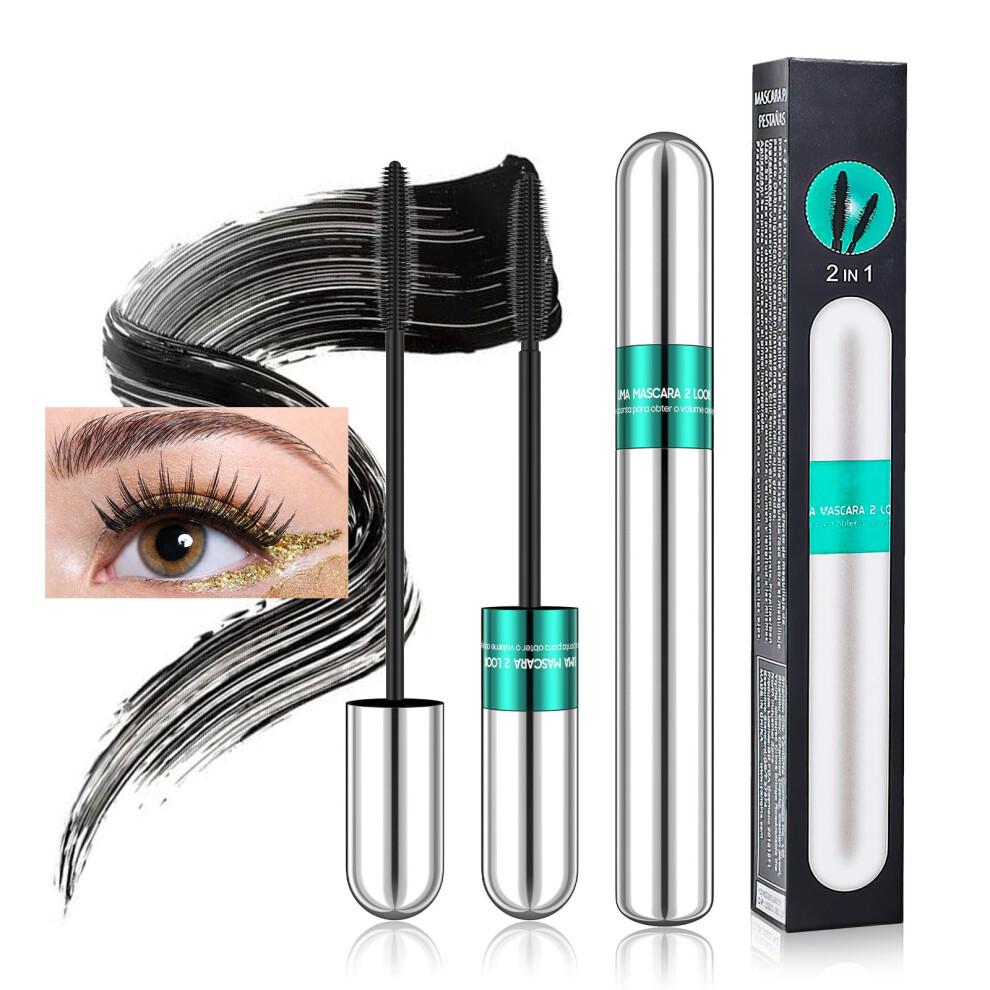 Black Waterproof Lengthening Mascara 2 In 1 Longlasting Smudge Proof Bold Dramatic Lashes