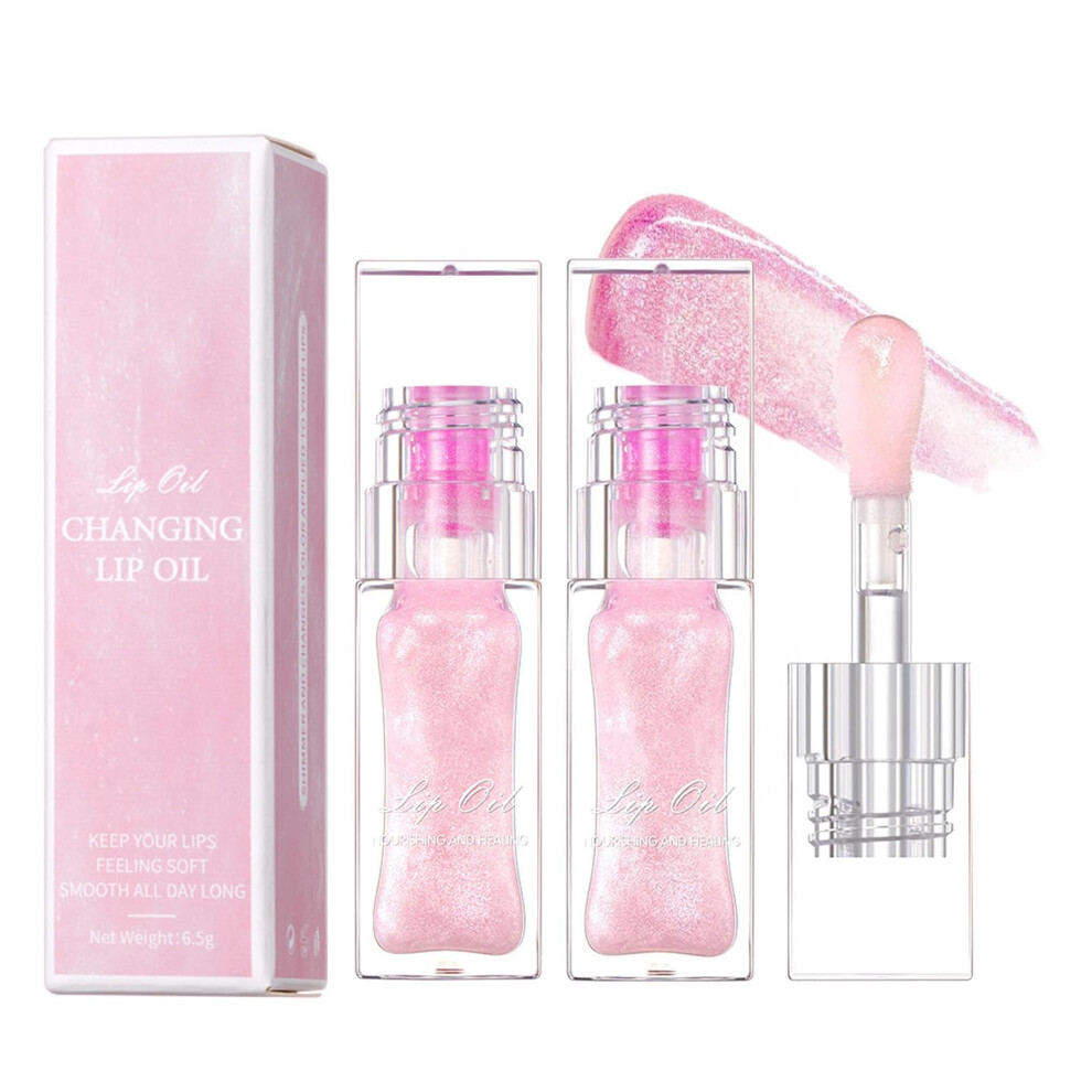 2PCS Color Changing Lip Oil with Large Brush, Long Lasting Shimmery Hydrating Lip Gloss Set