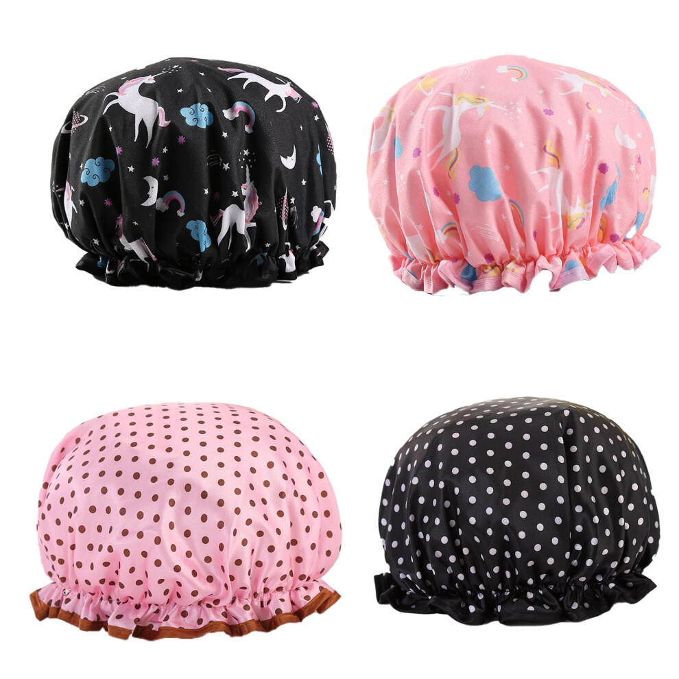 Waterproof Double Layer Shower Cap with Adjustable Fit, Reusable Polka Dot Hair Protection for Kids and Adults, 4 Pack