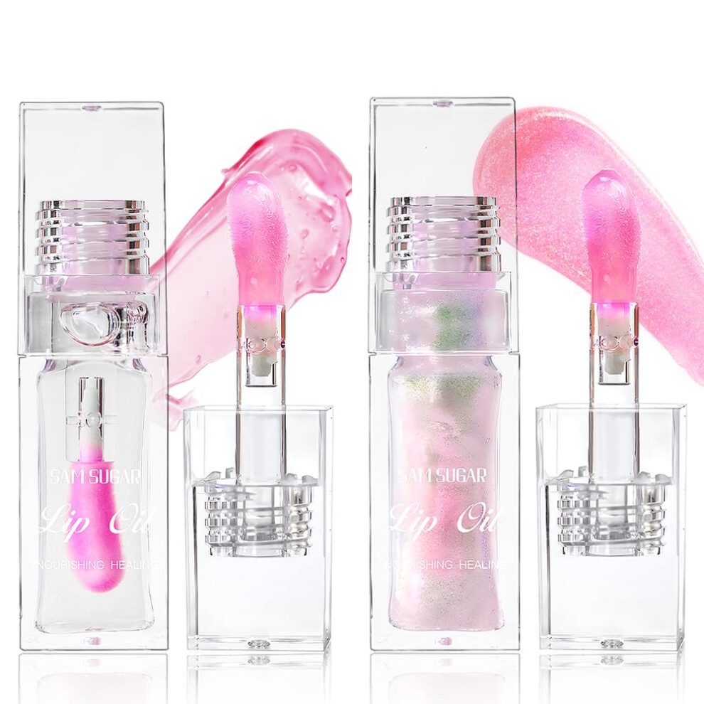 2PCS Long Lasting Color Changing Lip Oil with Big Brush, Hydrating Shimmery Lip Gloss