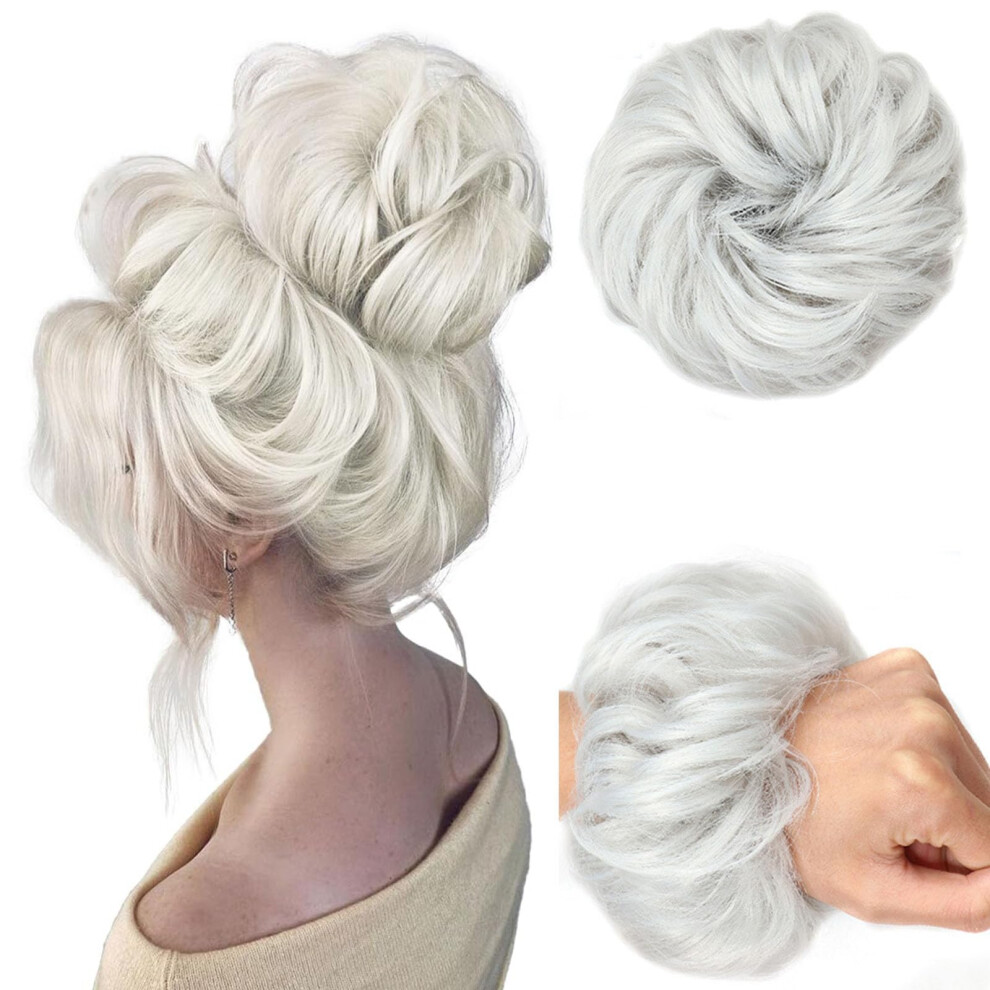 Messy Bun Hair Piece Curly Wavy Chignon with White Elastic Scrunchie Synthetic Hair Extension