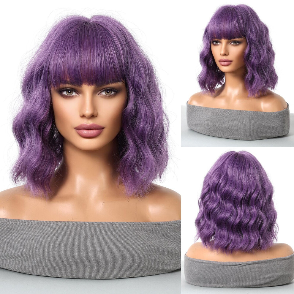 Unisex Purple Short Curly Bob Wig With Bangs, 12 Inch Heat Resistant Natural Fluffy Curls, Blonde Or