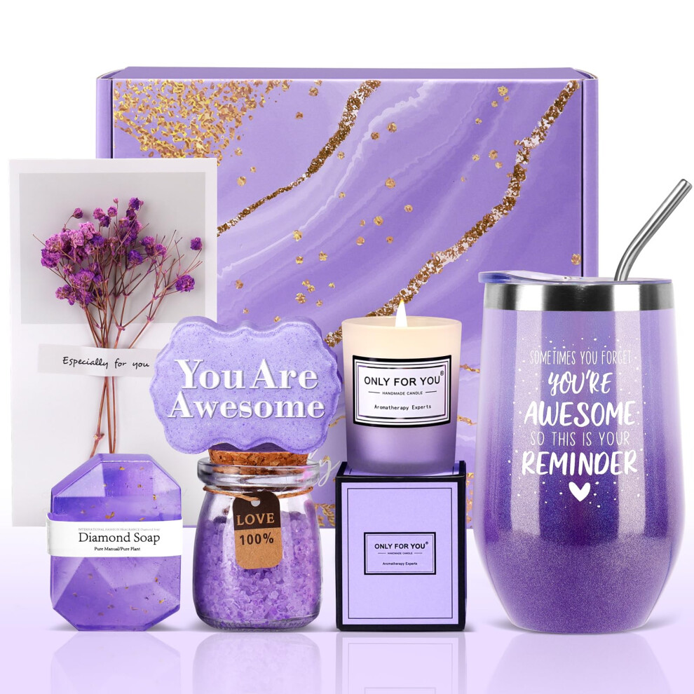Lavender Spa Gift Basket For Women With Candle, Bath Bomb, Salts, Tumbler And Handmade Soap