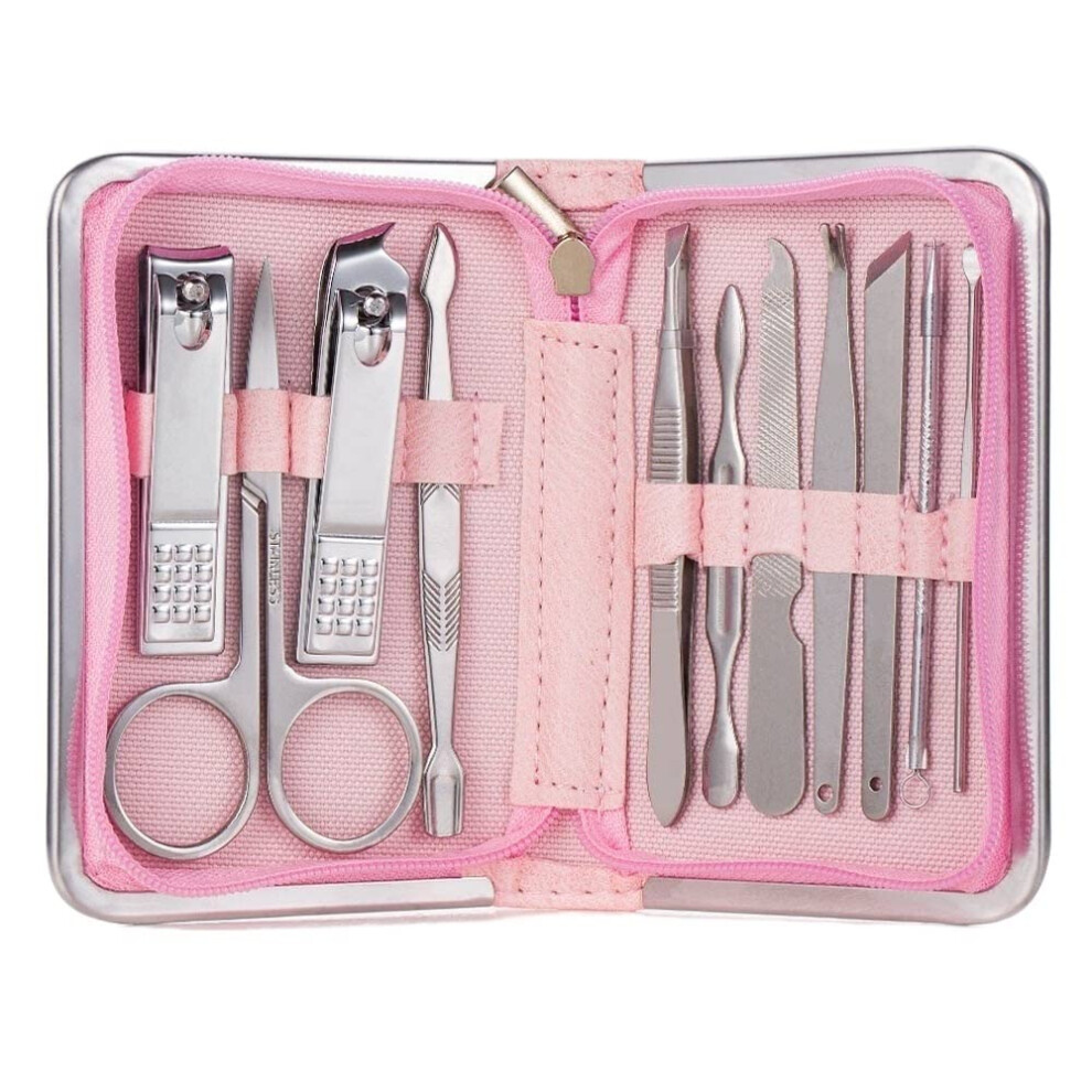 Manicure Pedicure Set 11pcs Pink Nail Care Kit with Compact Travel Case and Precise Cutting Tools
