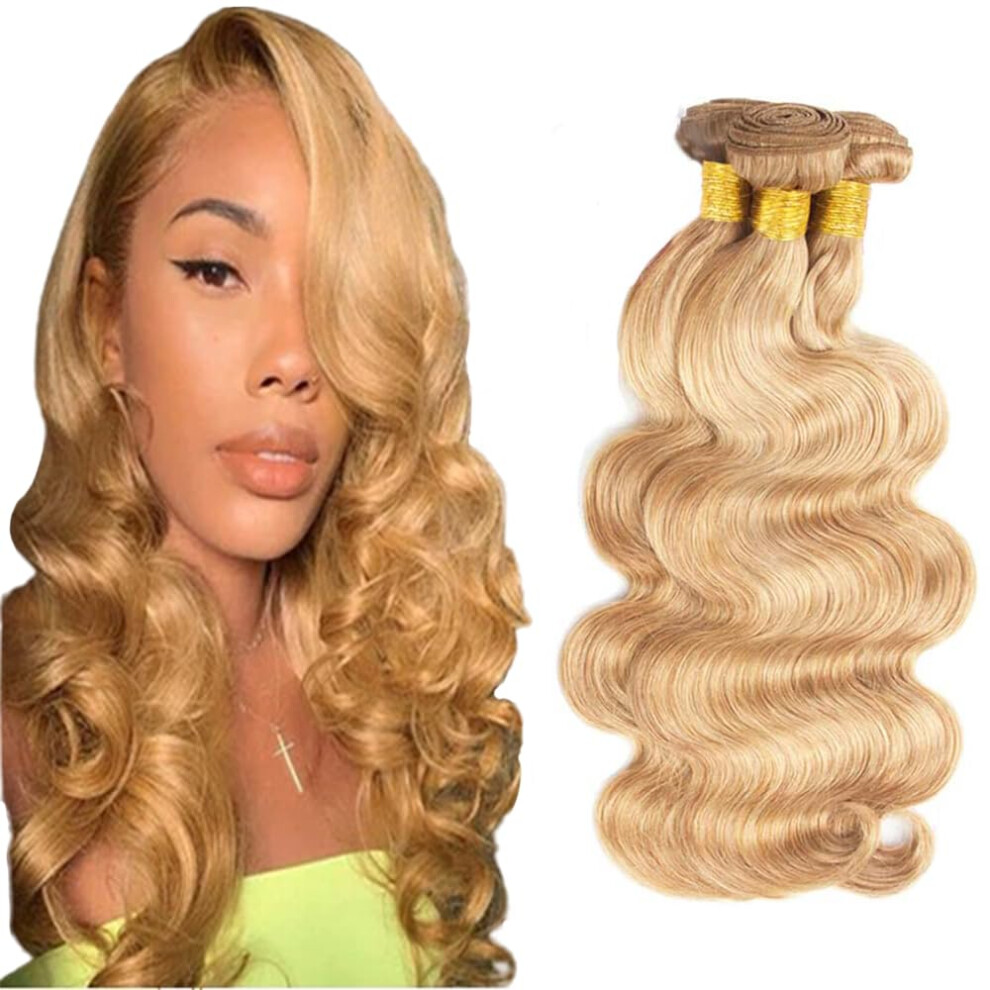 Honey Blonde Human Hair Bundles P27/613 Brazilian Virgin Body Wave Extensions 10 12 14 Inch Double Weft