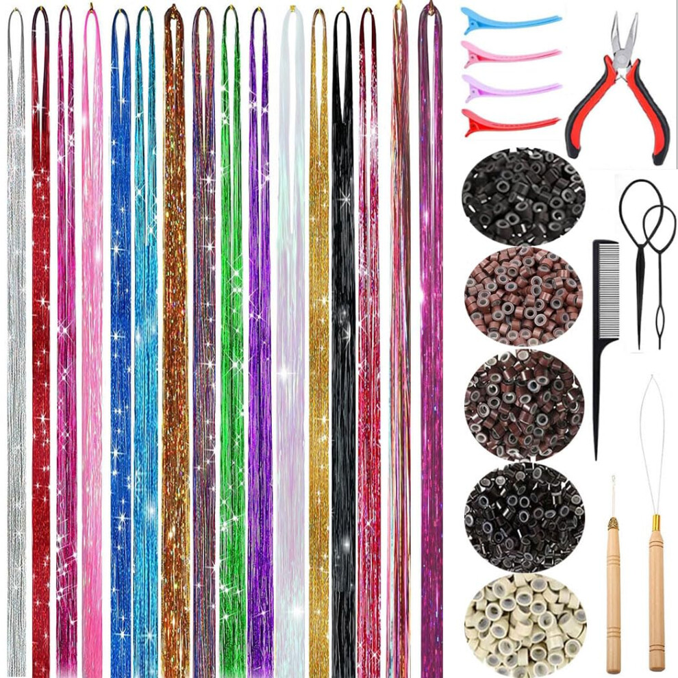 Hair Tinsel Extensions Kit  3200 Glitter Strands, 16 Colors, 36 Inch Heat Resistant for Women Party