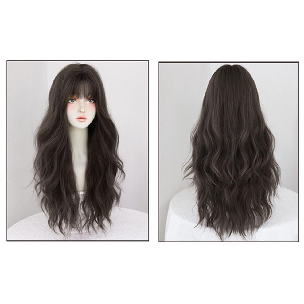 Unisex Black,Brown Women's Long Wavy Wig With Bangs, Black Brown Human Hair, Natural Hairline, 26 Inch Heatresistant