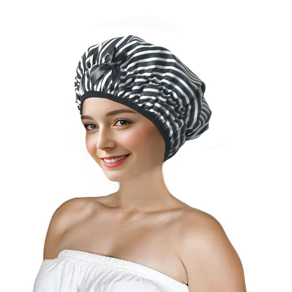 Large Waterproof Shower Cap for Women Extra Large Satin Lined Hair Protection Black Stripes