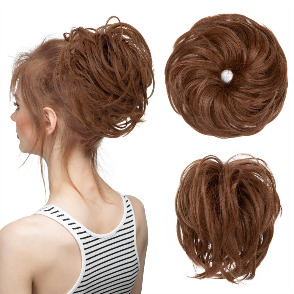 Unisex Red Messy Wavy Synthetic Hair Bun Light Auburn With Elastic Band For Instant Volume And Natural Look