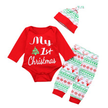 Infant Baby Pajamas Unisex 36 Months Red Christmas Deer Letter Romper Hat Pants Set Soft